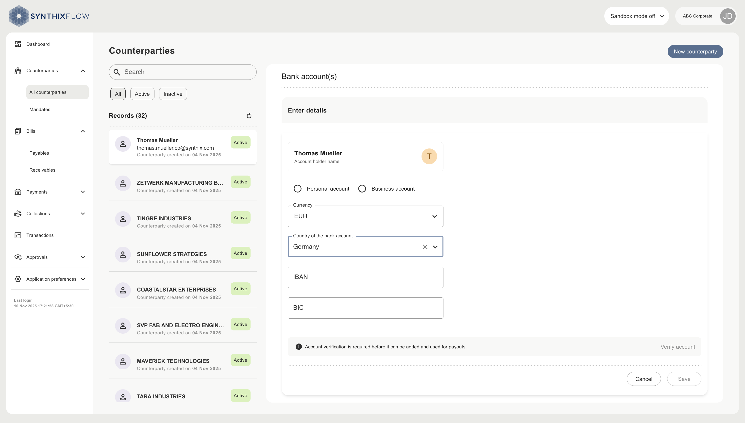 Counterparty add bank account form
