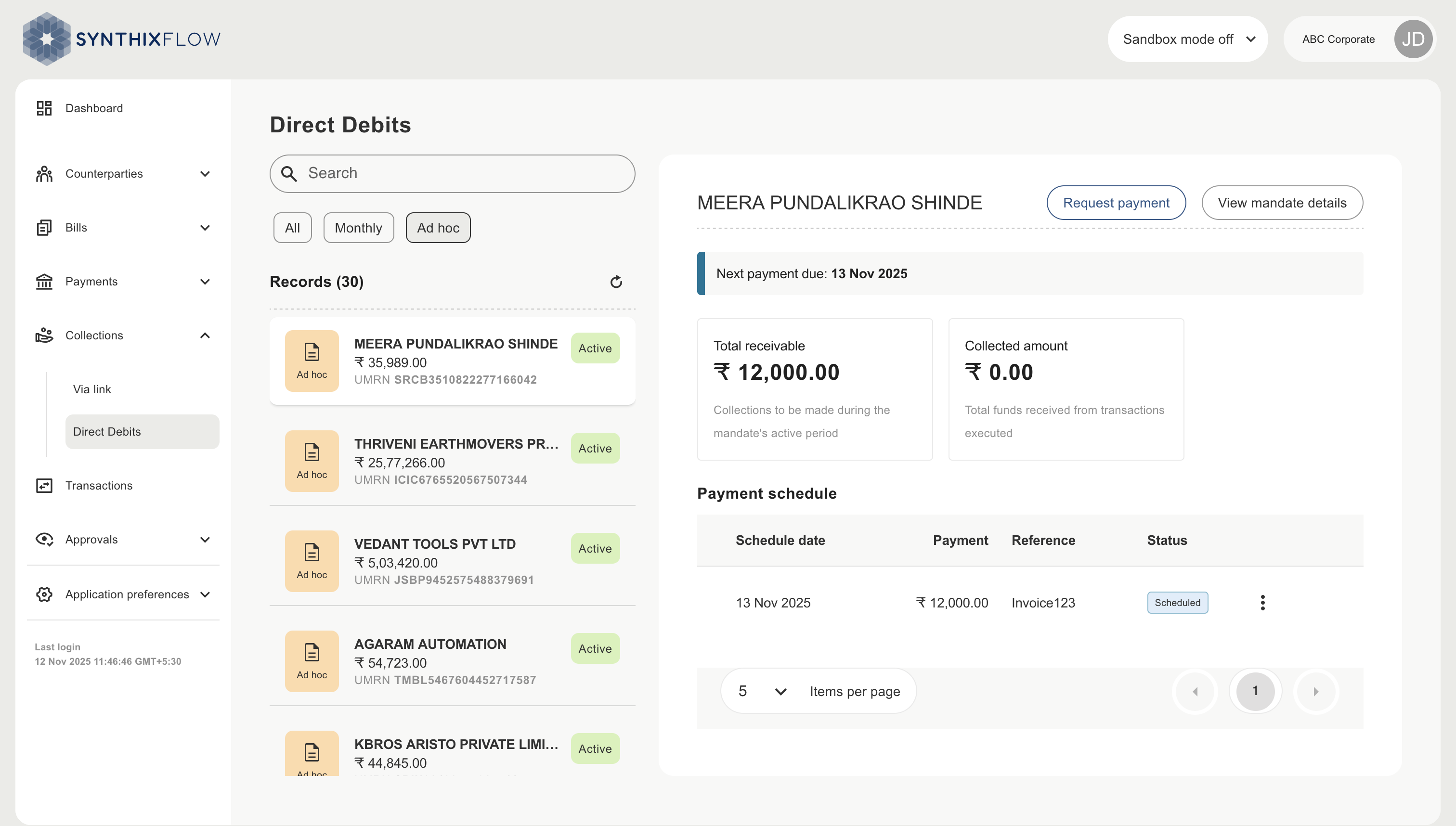 Direct debits ad hoc payment schedule