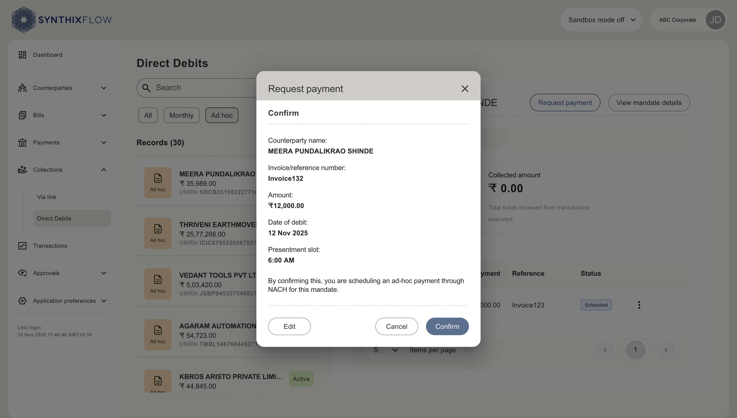 Direct debits request payment confirmation