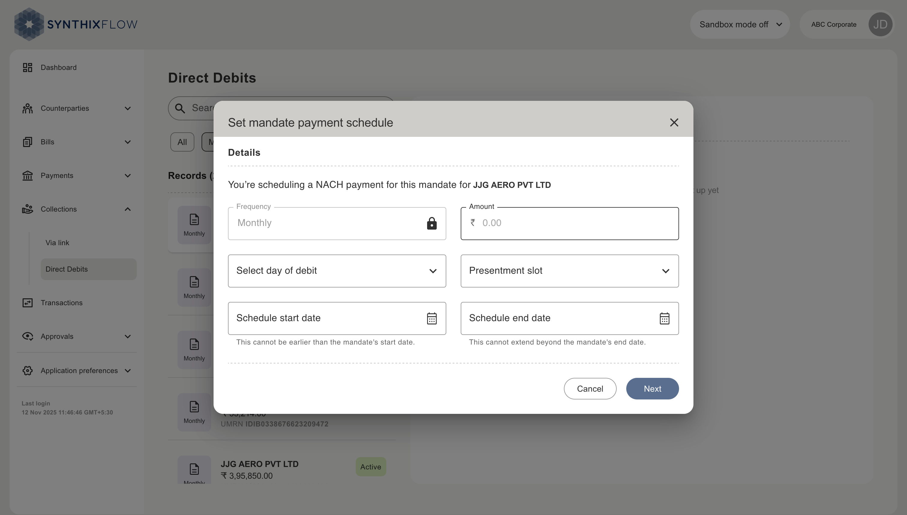 Direct debits set schedule overlay