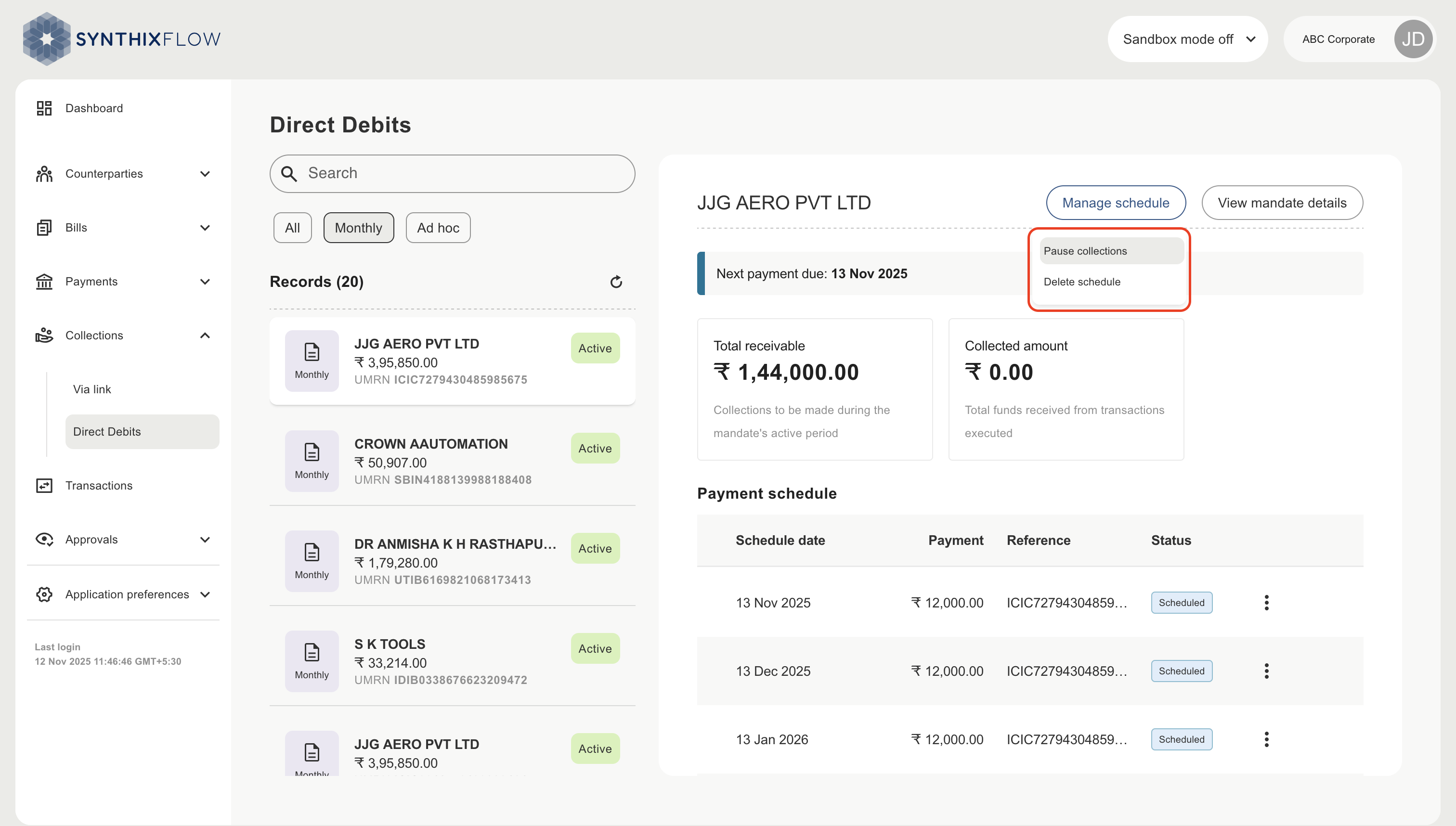DD payment schedule pause schedule