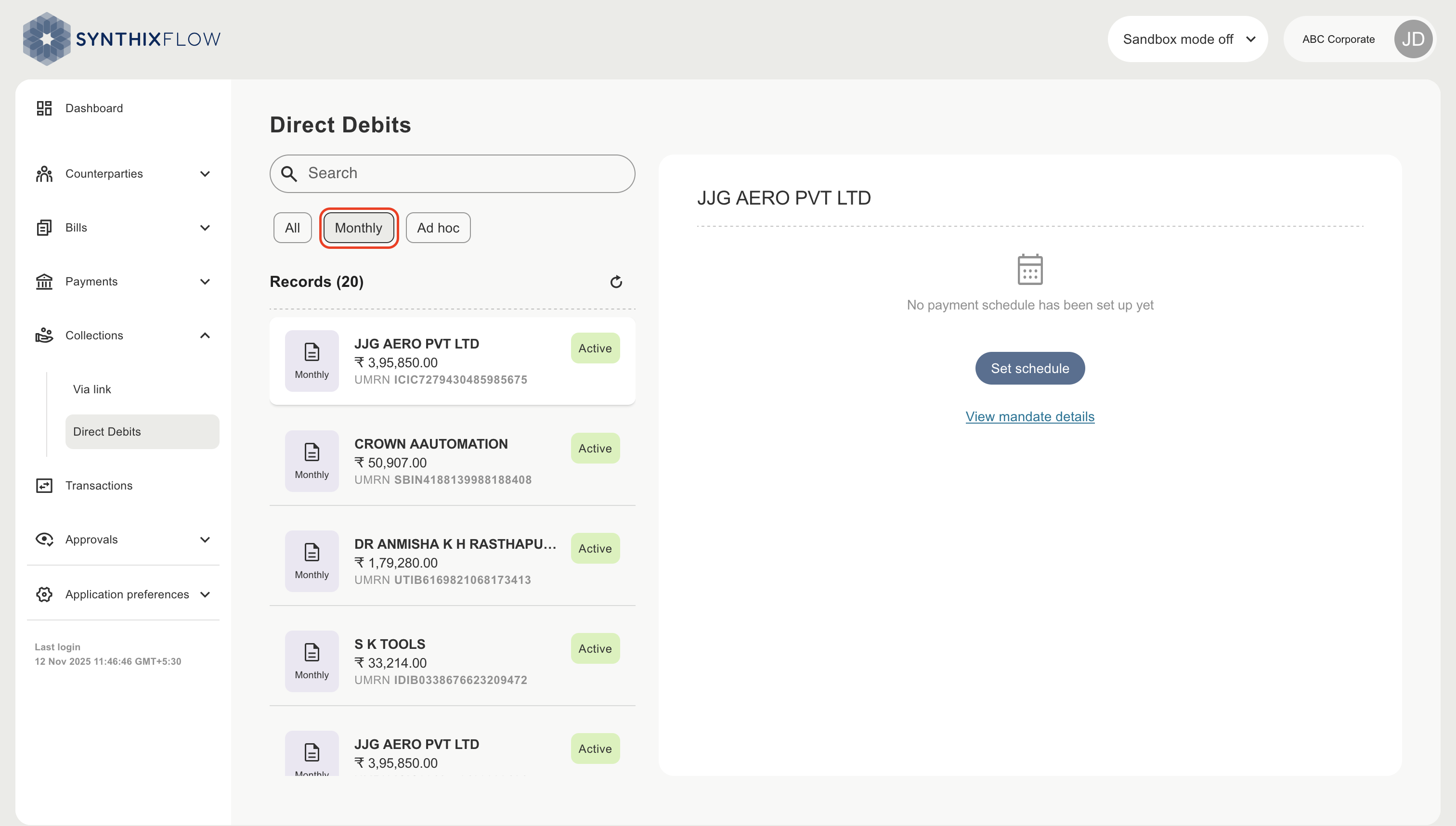 Direct debits view monthly