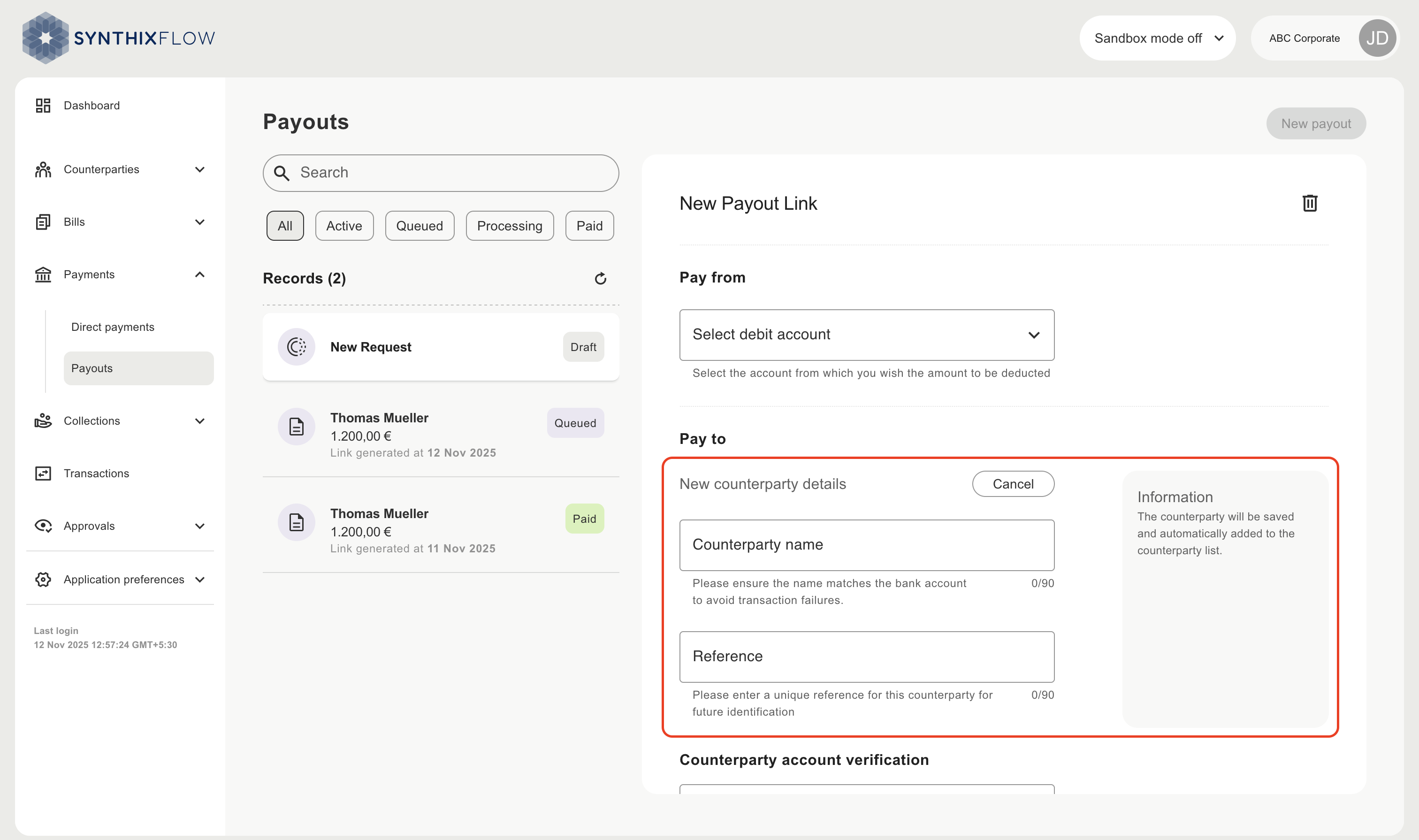 Inline new counterparty form