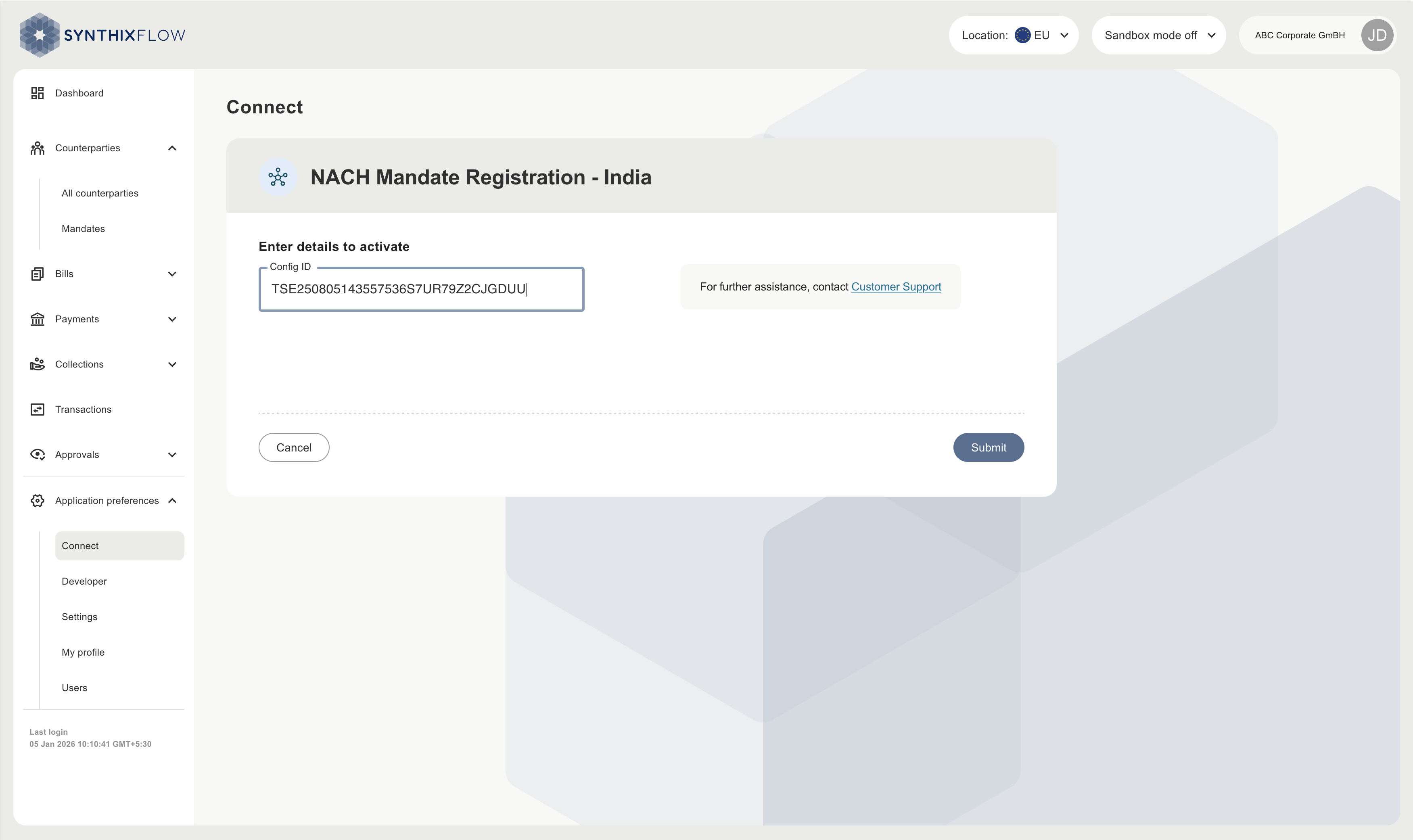 NACH DD mandate management configuration