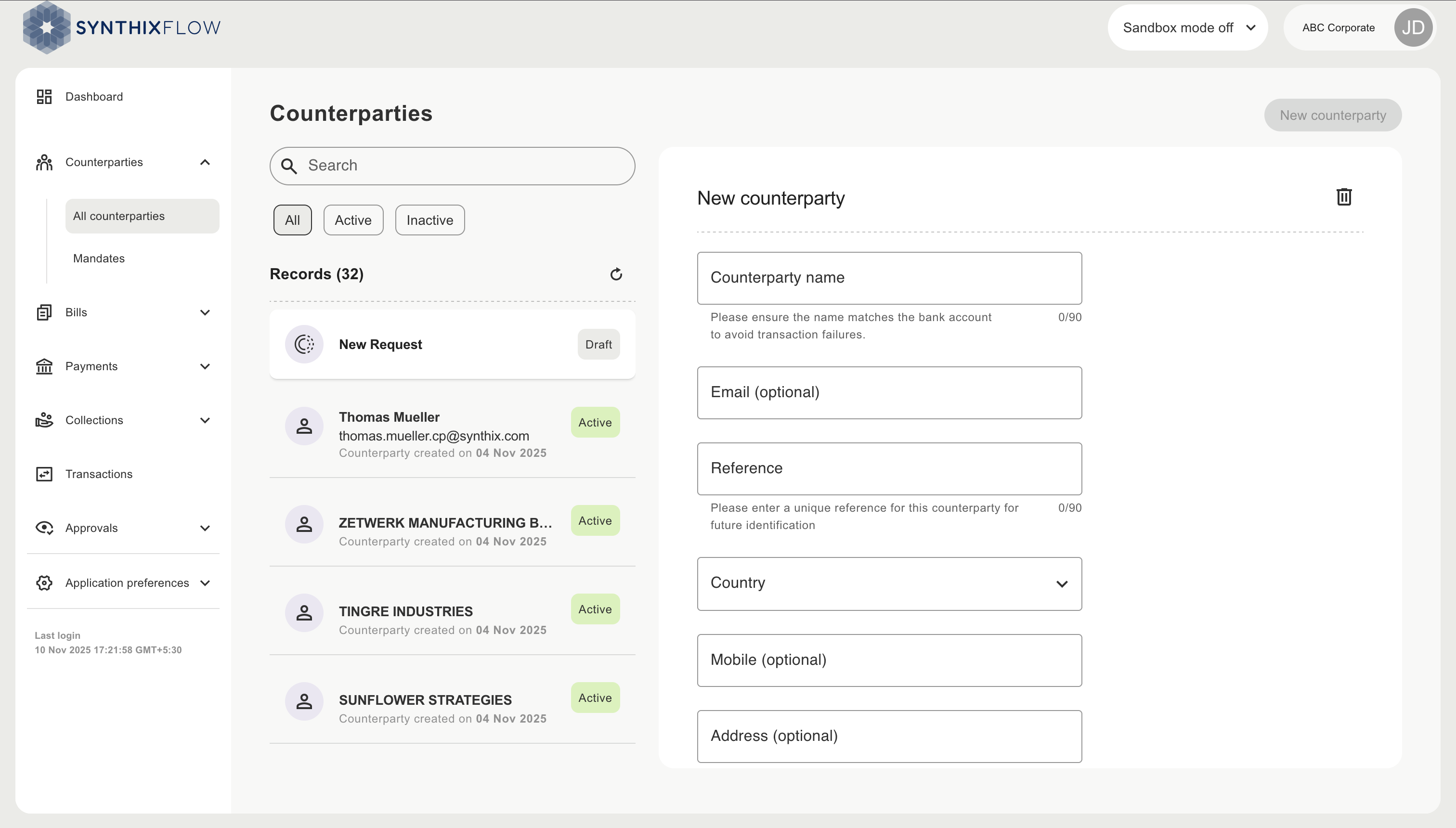 New counterparty form